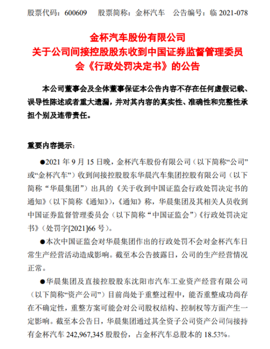 中国证监会披露华晨集团“五宗罪” 罚款5360万元！金杯汽车发布公告