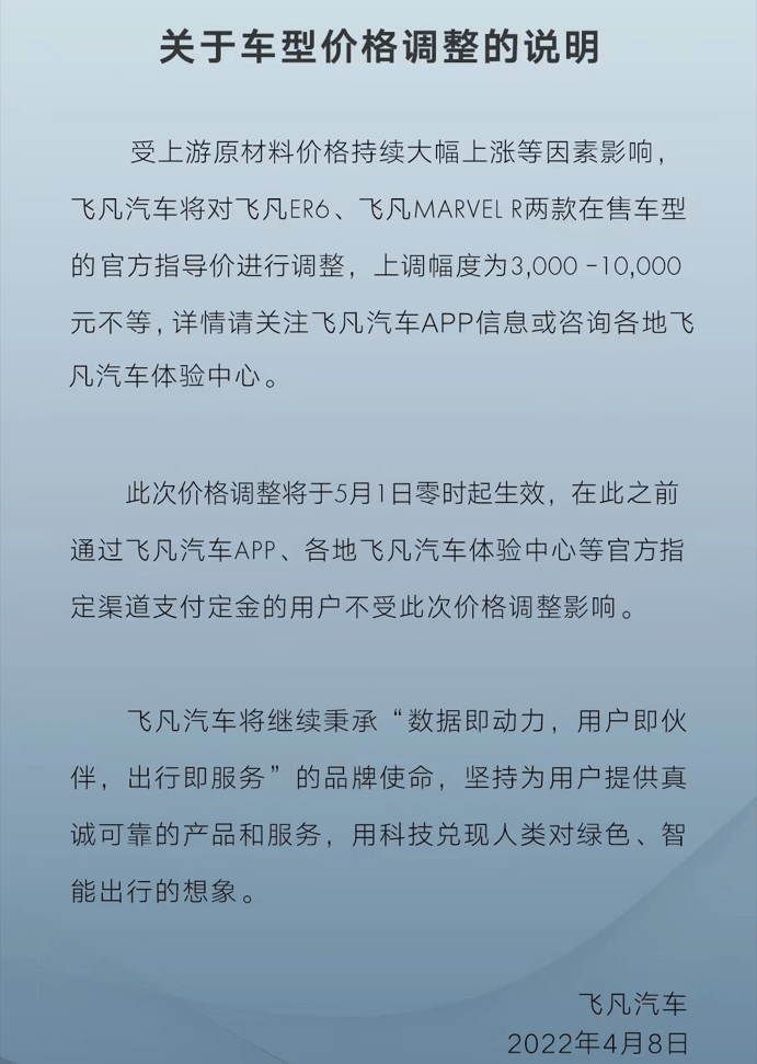 5月1日零时起 飞凡汽车涨价3000-10000元不等